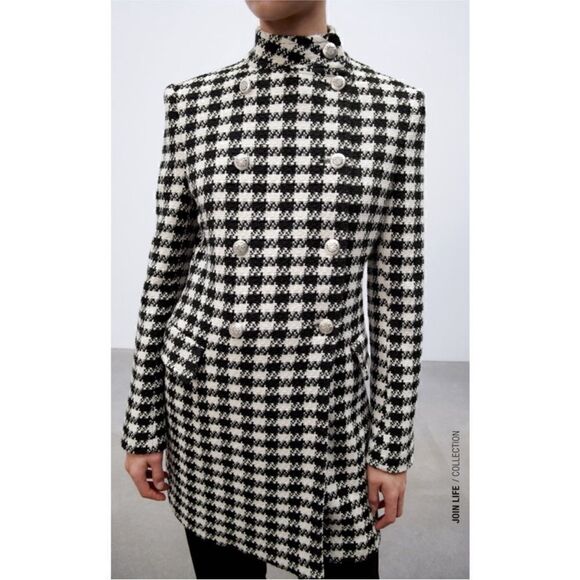 BLOGGERS Fav Zara houndstooth jacket coat black white silver buttons - Picture 5 of 17